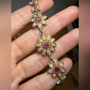 Vintage Style Floral Link Bracelet - Ruby Red & Clear Rhinestones